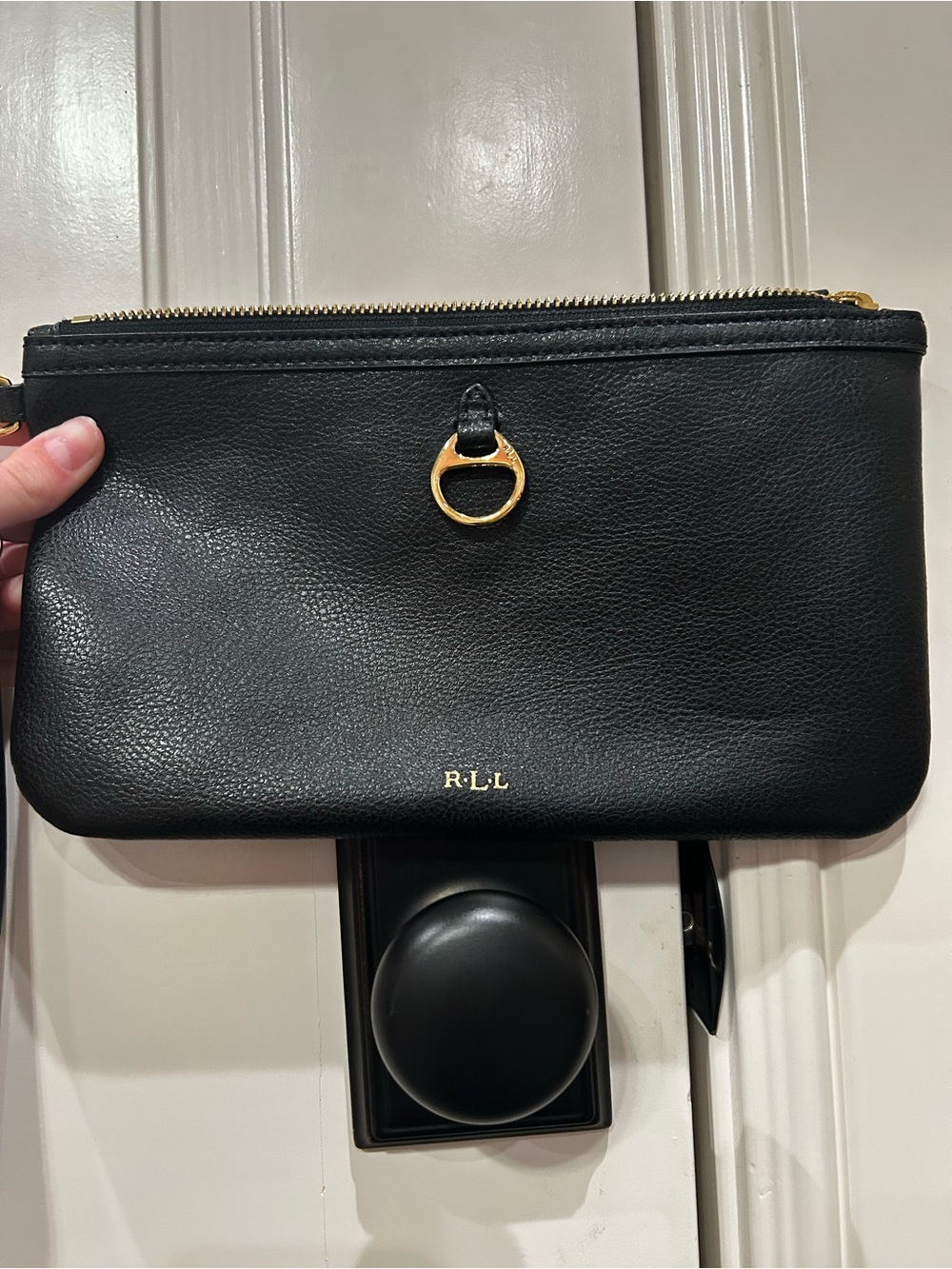 Lauren Ralph Lauren Black Leather Wristlet Clutch with Gold Hardware